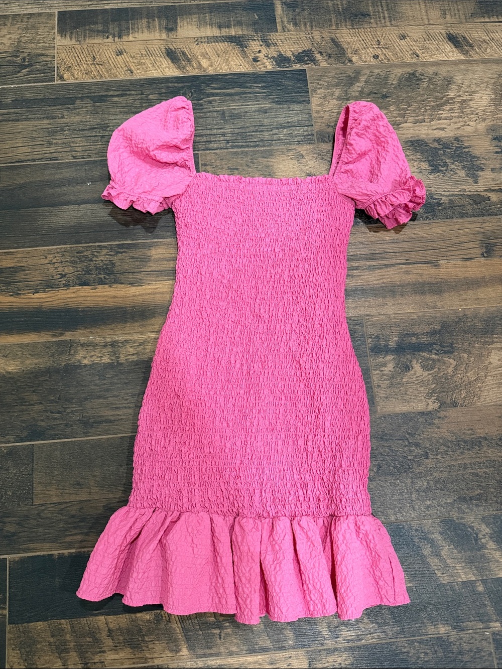 Zara Pink Puff-Sleeve Shirred Mini Dress